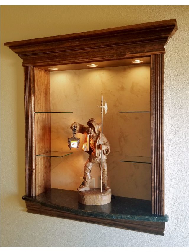 custom built inset display case with frame and lighting