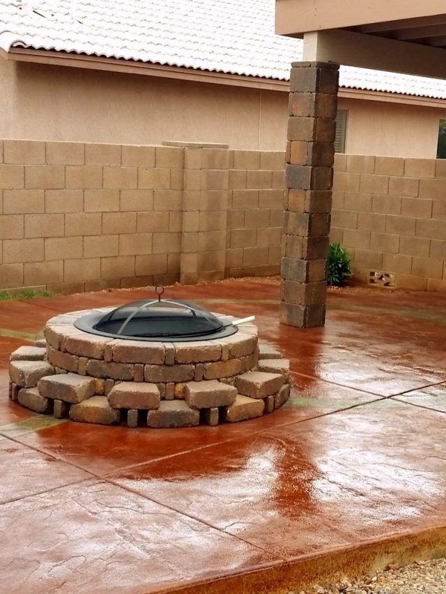 new concrete patio design and stain with firepit