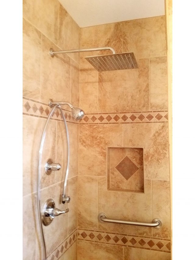 tuscan shower remodel with waterfall shower head